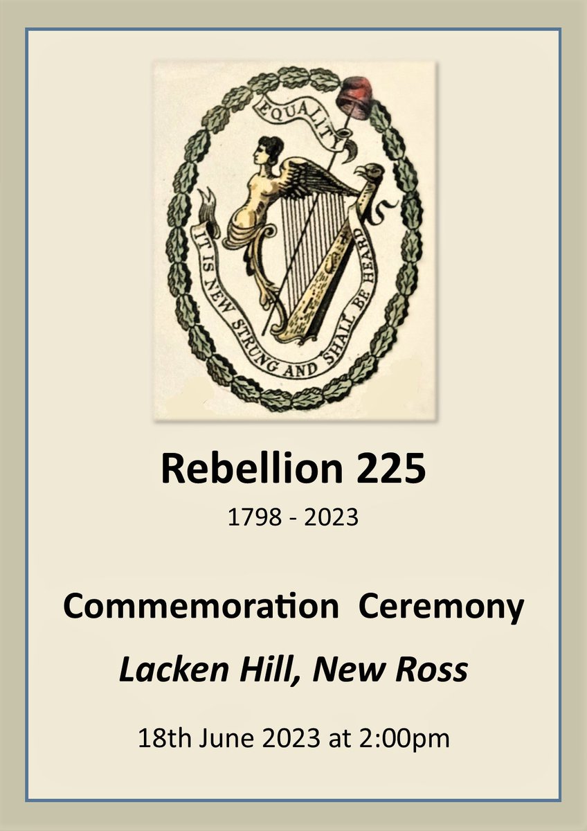 LackenHillTrail's tweet photo. Join us on Sun 18th June to commemorate the 225th anniversary of 1798 on Lacken Hill. Dress as a rebel, don your pike &amp; caibín &amp; walk in the footsteps of our forefathers to the hilltop for this special occasion. All welcome.

#Rebellion225 #LackenHill #NewRoss #Wexford https://t.co/Q306r1gMYd