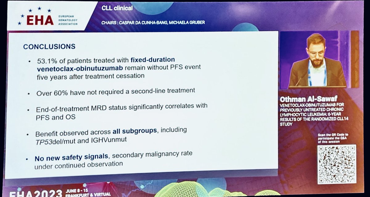 My #EHA2023 highlights: 1. ⁦@Othman_Al_Sawaf⁩ reporting the up date of the #CLL14 trial. Continued benefit for #venetoclax plus #obinutuzumab in 1L treatment of #CLL.