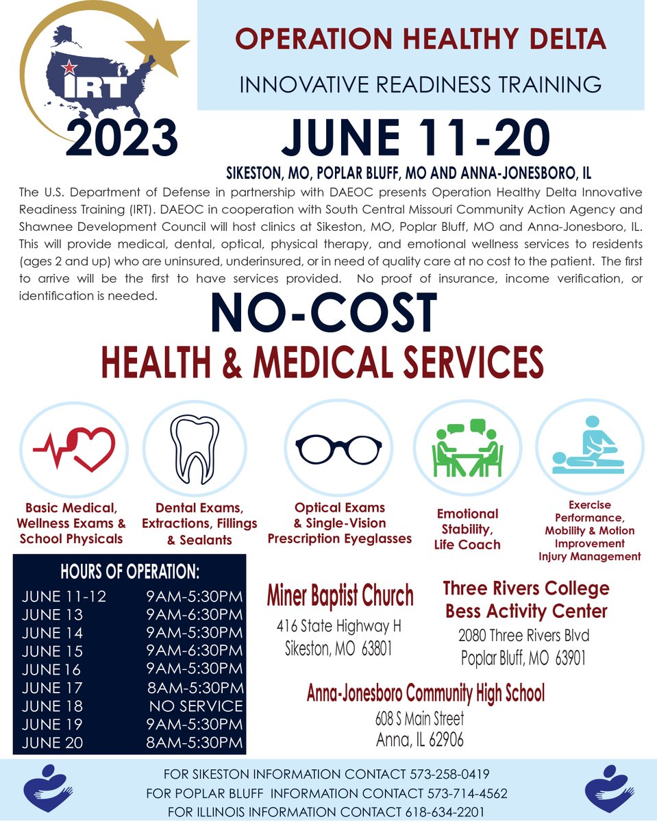 If you are uninsured or under-insured and in need of medical, dental, optical, mental health, or physical therapy care, make plans to attend Operation Healthy Delta, June 11-20 at Three Rivers College. Care will provided at no cost. Get all of the details: trcc.edu/events/operati…