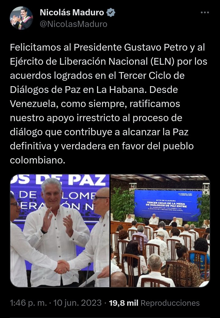 #EsNoticia 🗞️ Jefe de Estado, <a href="/NicolasMaduro/">Nicolás Maduro</a>, felicitó a su homólogo de Colombia, Gustavo Petro y al Ejército de Liberación Nacional (ELN) por los acuerdos logrados en el Tercer Ciclo de Diálogos de Paz en La Habana, Cuba

#VenezuelaGaranteDeLosDDHH #10Jun