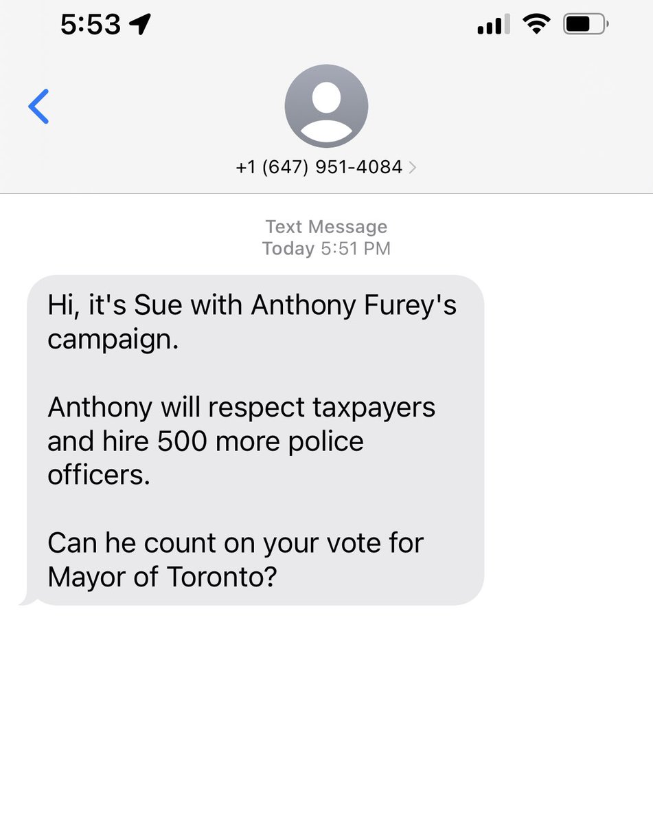 MsPink02's tweet image. Did anyone else get this text?
How did they get my number?
I never signed up for this.
This can’t be legal?

#TorontoMayor #Toronto
