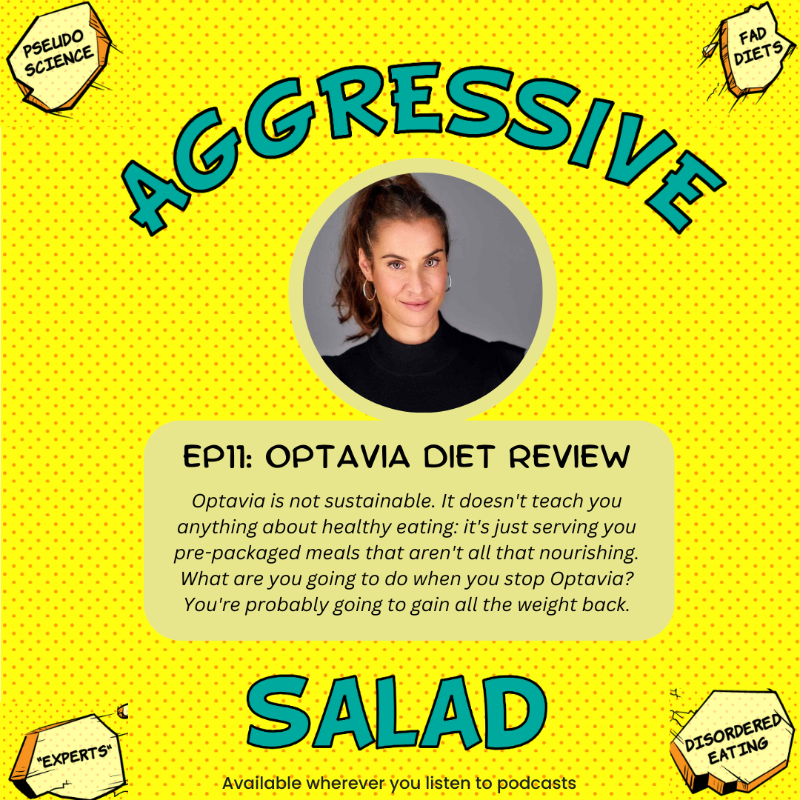 Today’s solo episode is a review of the Optavia diet. I unpack everything from the dangerously low calorie intake, to ignoring the body’s internal cues and disordered eating. Please leave a review on Spotify or Apple podcasts. #aggressivesalad #podcast