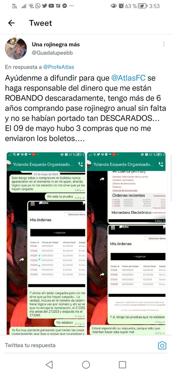 Guadalupeebb's tweet photo. @AtlasFC @ProfeAtlas Ayúdenme a difundir para que @AtlasFC se haga responsable del dinero que me están ROBANDO descaradamente, tengo más de 6 años comprando pase rojinegro anual sin falta y no se habían portado tan DESCARADOS...  El 09 de mayo hubo 3 compras que no me enviaron los boletos.... https://t.co/QBH7ztgwUq