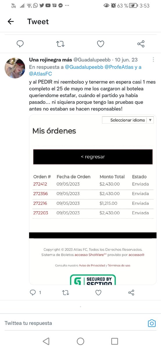 Guadalupeebb's tweet photo. @AtlasFC @ProfeAtlas Ayúdenme a difundir para que @AtlasFC se haga responsable del dinero que me están ROBANDO descaradamente, tengo más de 6 años comprando pase rojinegro anual sin falta y no se habían portado tan DESCARADOS...  El 09 de mayo hubo 3 compras que no me enviaron los boletos.... https://t.co/QBH7ztgwUq