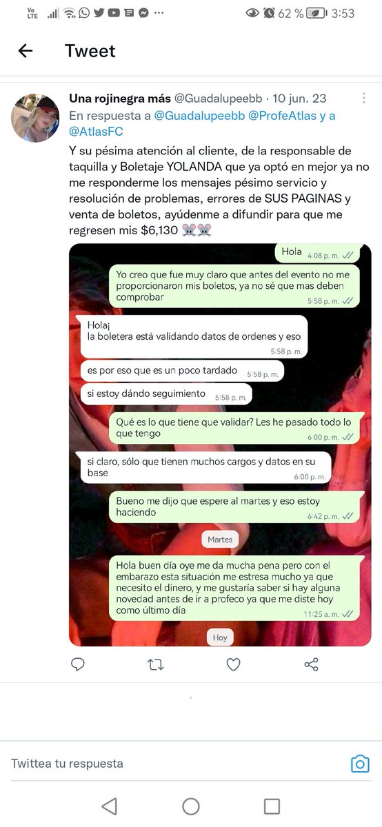 Guadalupeebb's tweet photo. @AtlasFC @ProfeAtlas Ayúdenme a difundir para que @AtlasFC se haga responsable del dinero que me están ROBANDO descaradamente, tengo más de 6 años comprando pase rojinegro anual sin falta y no se habían portado tan DESCARADOS...  El 09 de mayo hubo 3 compras que no me enviaron los boletos.... https://t.co/QBH7ztgwUq