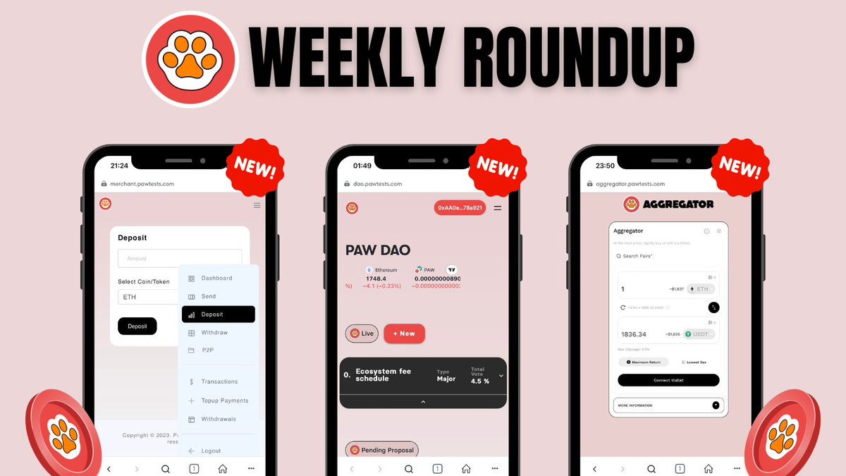 PawChain's tweet image. Welcome to your #PawSwap Weekly Roundup! This week, the #PawChain team has released the PawAggregator, PawDAO, and enabled deposits on the PawWallet! 

What’s been your favorite so far? Leave us a comment to let us know. Oh BTW, more $PAW goodness is headed your way! 👀🐾
