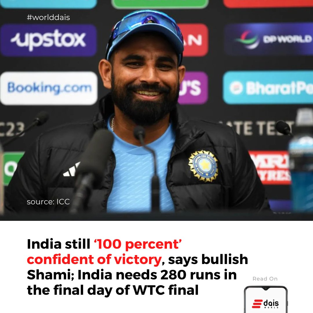 '100% confident of winning' - Md Shami is bullish on the final day of #WTCFinal 

#WTC2023Final #WTC23Final #sundayvibes #Sunday #ManCity #SundayMotivation #INDvAUS #worlddais