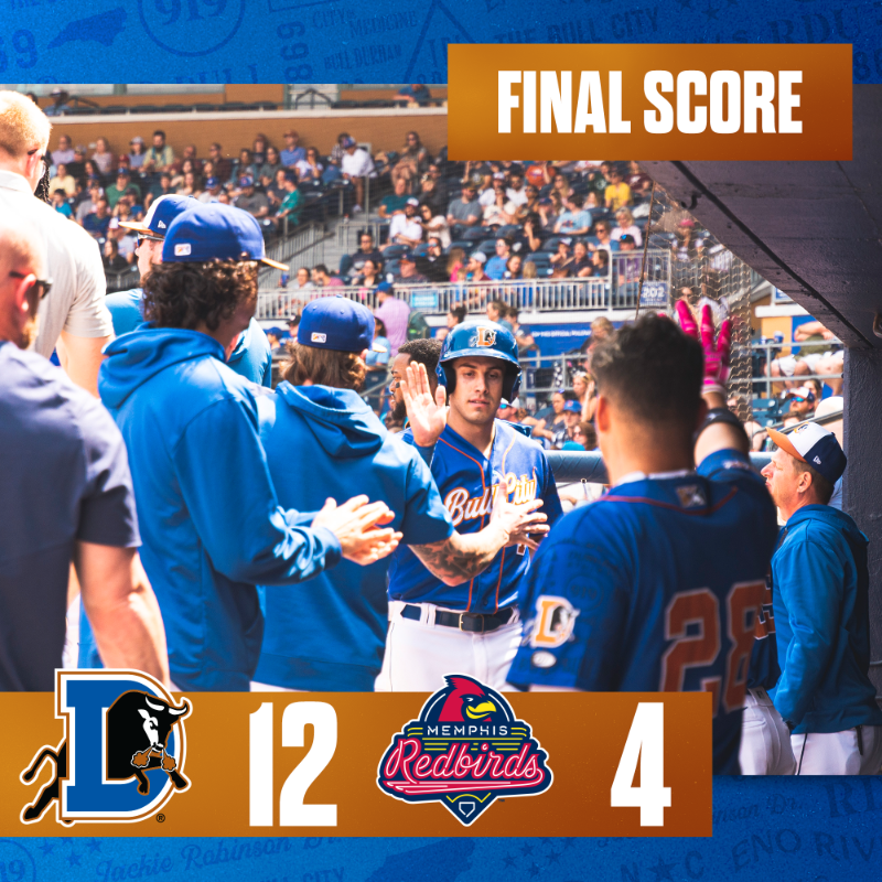 DurhamBulls's tweet photo. Ruben Cardenas homered, Greg Jones drove in two and Tristan Gray knocked a grand slam in Durham’s 12-4 victory over Memphis on Saturday evening at Autozone Park.
