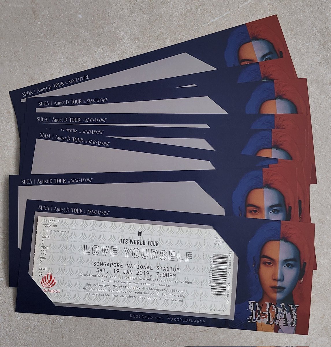 FANSUPPORT FOR #AgustD_SUGA_Tour_In_Singapore

Will be giving out these physical ticket holders on the 17th of June. Limited quantity so fastest fingers first! Will update my location on the day itself! 💜