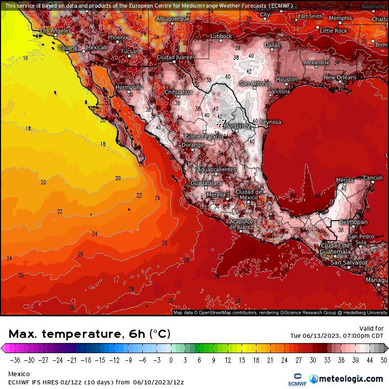 🔥 Precaución: Periodo de muy altas temperaturas en gran parte de #México del 12 al 24 de junio. 

Son, Sin, Coah y NL 45°C a 47°C
BC, BCS, Chih, Tamps, SLP, Ver, Camp, Yuc, Mich, Gro 42°C a 44°C
Dgo, Nay, Jal, Ags, Zac, Tab 39°C a 41°C.

#CDMX alcanzará valores de 34°C a 36°C.