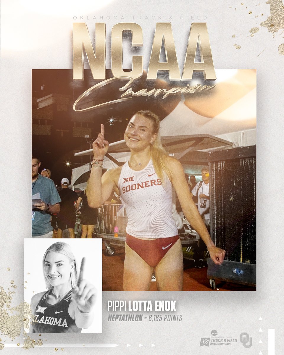 🏆 𝙉𝘼𝙏𝙄𝙊𝙉𝘼𝙇 𝘾𝙃𝘼𝙈𝙋𝙄𝙊𝙉 🏆

Pippi Lotta Enok is your 2023 NCAA Heptathlon Champion and the first ever #Sooner to win the title!

She scores 6,165 points for a personal best and NEW school record!

#BoomerSooner ☝💨