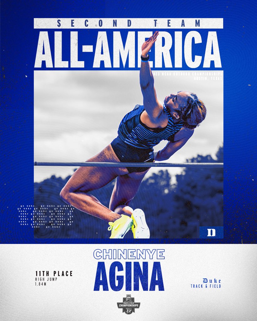 Chin earns All-America Honors!🔥🔥

She put together her best meet as a Blue Devil, clearing 1.84m to finish 11th overall, earn Second Team All-America Honors, and to move up to #2 in program history!

#GoDuke