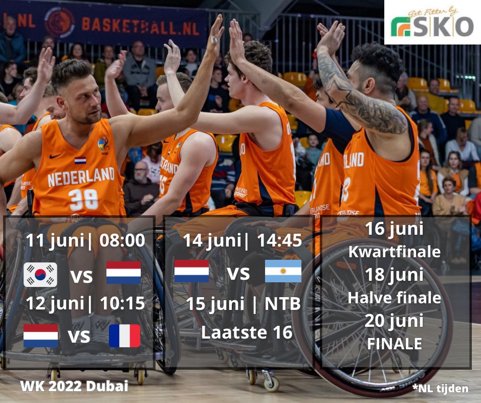 WK rolstoelbasketbal gisteren gestart in Dubai met winst voor de vrouwen tegen Duitsland.

Vandaag om 8:00 spelen de mannen van <a href="/Basketball_NED/">Basketball Nederland</a> <a href="/TeamNLtweets/">TeamNL🇳🇱</a> tegen Zuid-Korea