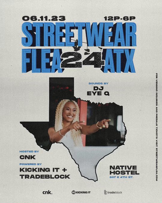 KickingItATX's tweet photo. TOMORROW 🚨

Join us for the dopest street wear event in ATX! 

-don’t forget to grab your tickets @streetwearflea in their bio! 

We’ll see y’all there 🤝🏾👟 https://t.co/UVATFFaAPA