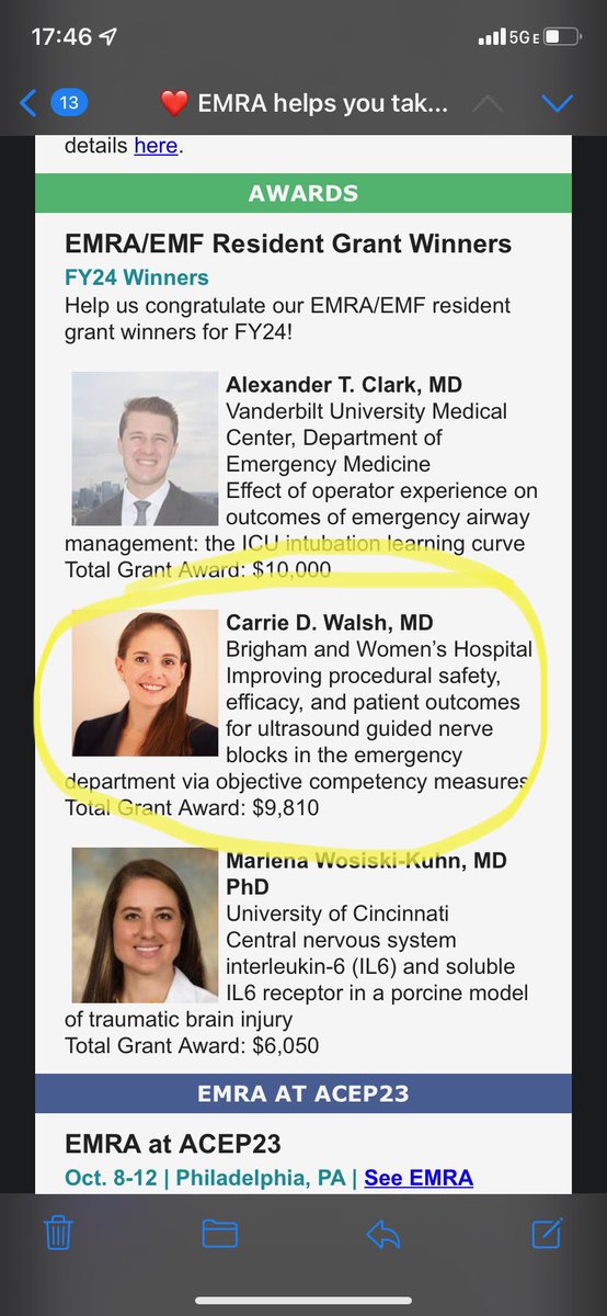 Congratulations to PGY3 @CarrieDWalsh on receiving an @emresidents / EMF grant to study ultrasound guided nerve blocks! @BWHEmergencyMed @MassGeneralEM