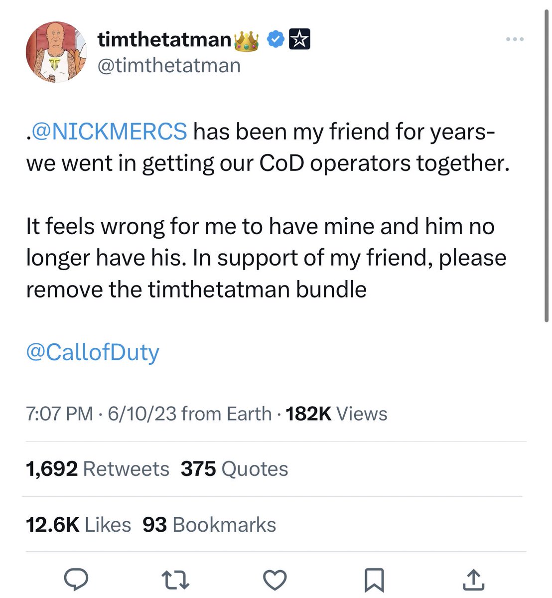 TimTheTatman requested Call Of Duty removes his skin from the game too defending his good Freind NICKMERCS ! 
#DramaAlert ! 

My respect for Tim was always high. It’s even higher today!