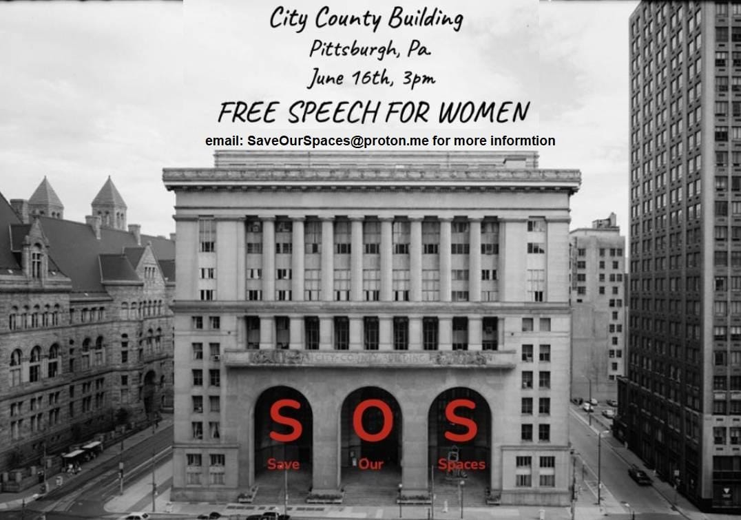 If you are in the area, get out and support this event! Even if you just sit on the sidelines, it is crucial that we get as many women as possible showing up and showing that we have had enough!

PLEASE SHARE!
#Pittsburgh #FreeSpeech4Women #FreeSpeech #LetWomenSpeak #Pennsylvania