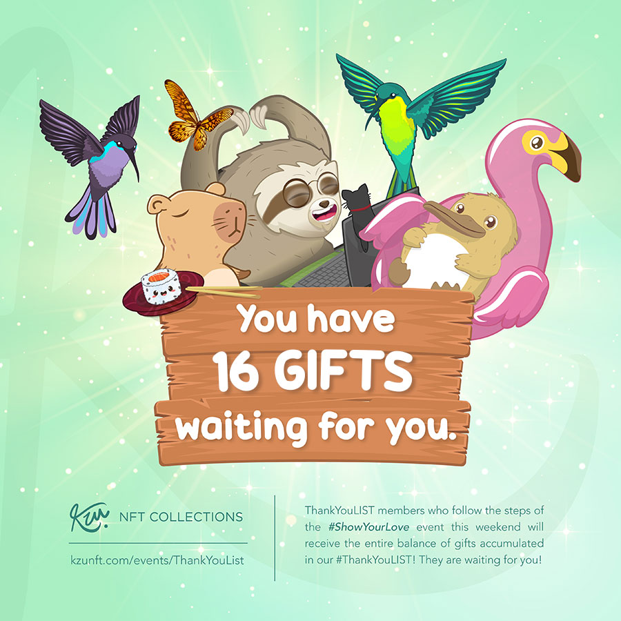 nftkzu's tweet photo. 🎁 GIFT ALERT!!🎁
@HunterXY03 ! 
 You have 16 gifts waiting for you on our #ThankYouLIST! 📝✨
 
Check your list spot and gifts here: 
https://t.co/Bxgz3wiQ1t 

Join our event this weekend to get them all! 💜
#nft #nfts #NFTCommunityJapan https://t.co/ZbTLVkW7aj