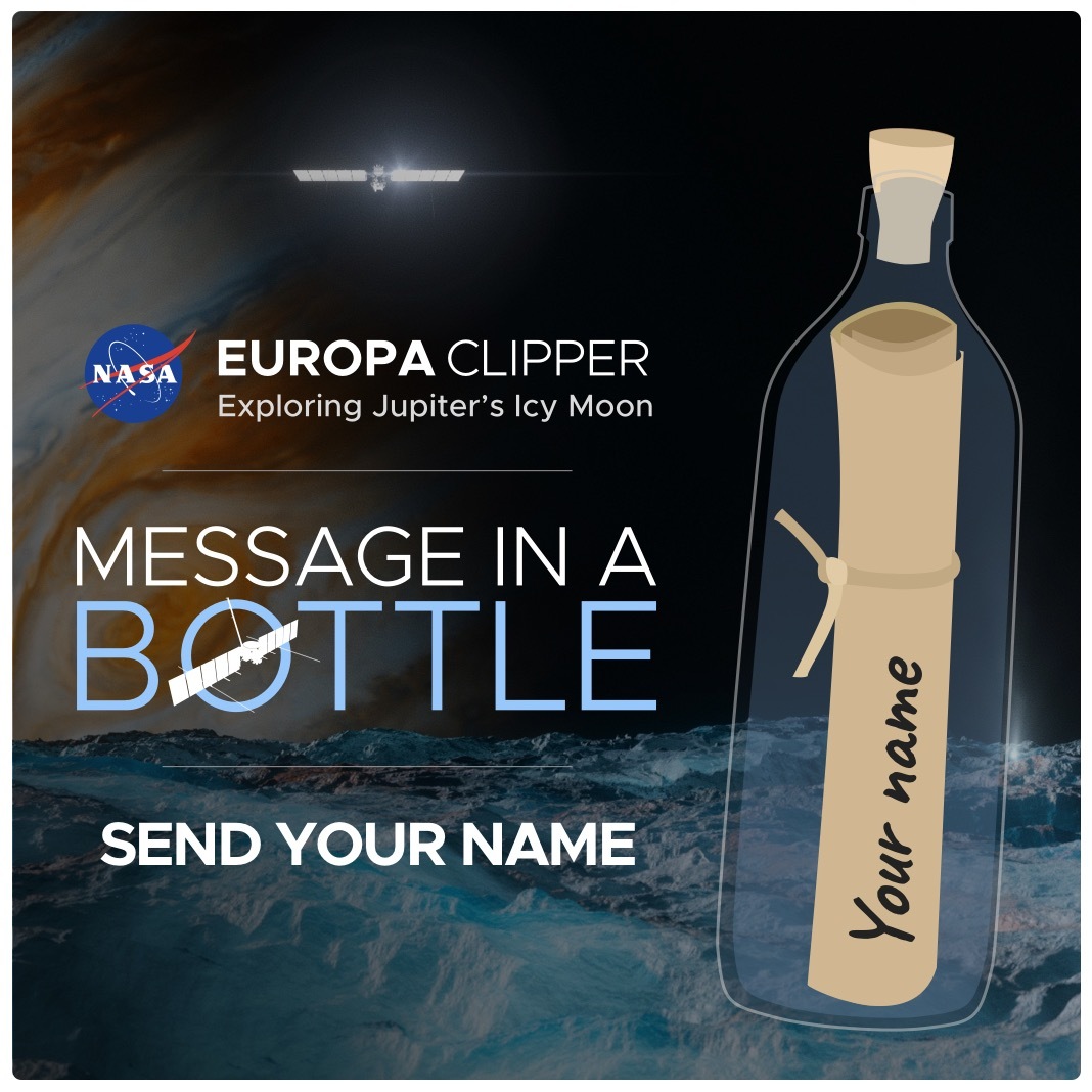 NASA Goddard (@nasagoddard) on Twitter photo Love space but nervous to travel 1.8 billion miles? That’s okay!
Leave your mark by having your name engraved on the <a href="/EuropaClipper/">ARCHIVED - NASA Europa Clipper</a> spacecraft!
#SendYourName here: go.nasa.gov/449nDLd Love space but nervous to travel 1.8 billion miles? That’s okay!
Leave your mark by having your name engraved on the <a href="/EuropaClipper/">ARCHIVED - NASA Europa Clipper</a> spacecraft!
#SendYourName here: go.nasa.gov/449nDLd