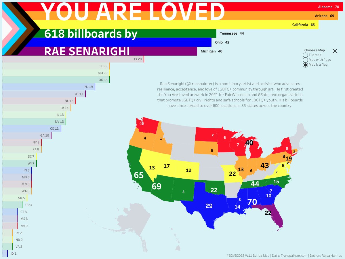 Blu7ip's tweet image. #PrideMonth #DataPride #B2VB 2023 W11 Build a Map - Rae Senarighi&apos;s @transpainter #YouAreLoved billboard locations 🔗 t.ly/dsg8-

3 maps, couldn&apos;t pick, feedback welcome! Thank you
@ReadySetData @ItsElisaDavis @DataDivergent @imsarahcarr for the challenge!