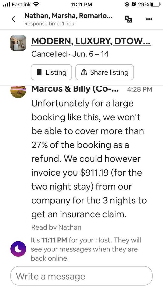 Thanks for nothing @AirbnbHelp @airbnb 27% refund ($341) of $1,252 for a 1-night stay. Cancelled due to unsafe living conditions for a family with 3 small children. The ‘host’ offered an alternate location with a hot tub… clearly not the brightest crayon in the box #useyourhead