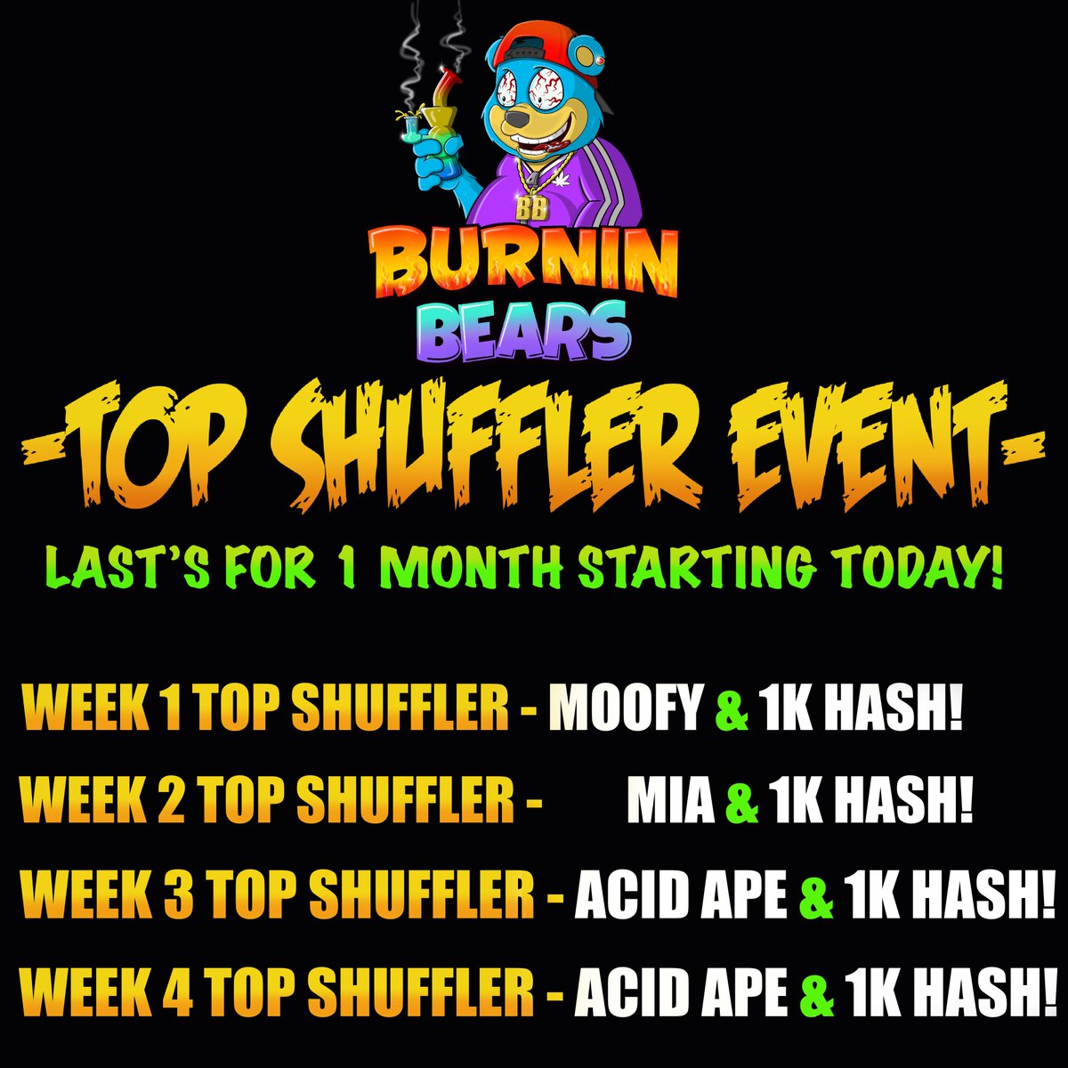 BurninBears's tweet photo. we got alot poppin off.....top shuffler weekly event info below..bounty list coming soon stay tuned!!!
#algo #algonft #foodie #blazeup    https://t.co/DSy3sSaAlj https://t.co/MUSMVAQe6r