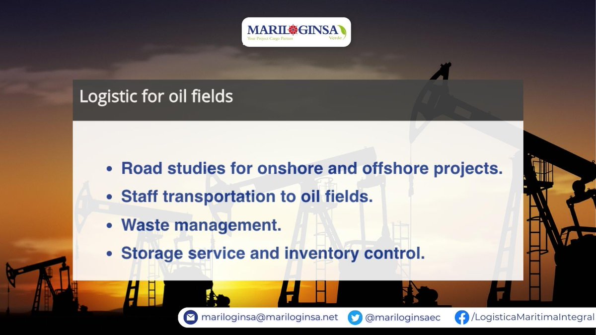 At Mariloginsa we offer a wide range of transport services and integral logistic, where safety and efficiency play an important role. 

More: mariloginsa.net/oil-and-gas/

#Ecuador #logistics #transport #projectcargo #oilfields #oilandgas