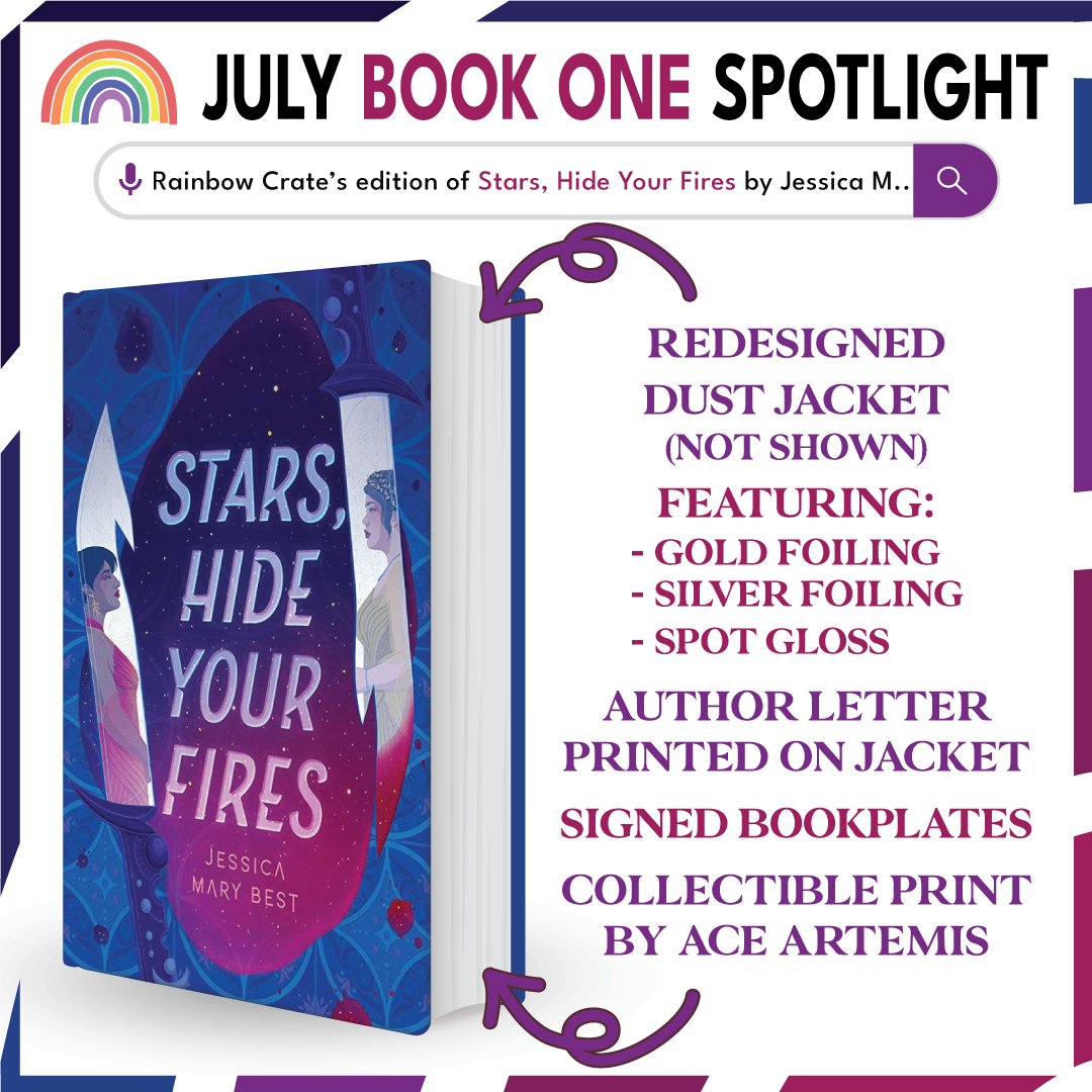 🌈 Here to introduce our first BOTM for July! 🎉 In July, we are featuring Stars, Hide Your Fire by Jessica Mary Best (@JesserBest)! Get swept up by this sapphic sci-fi murder mystery that will take you out of this universe!