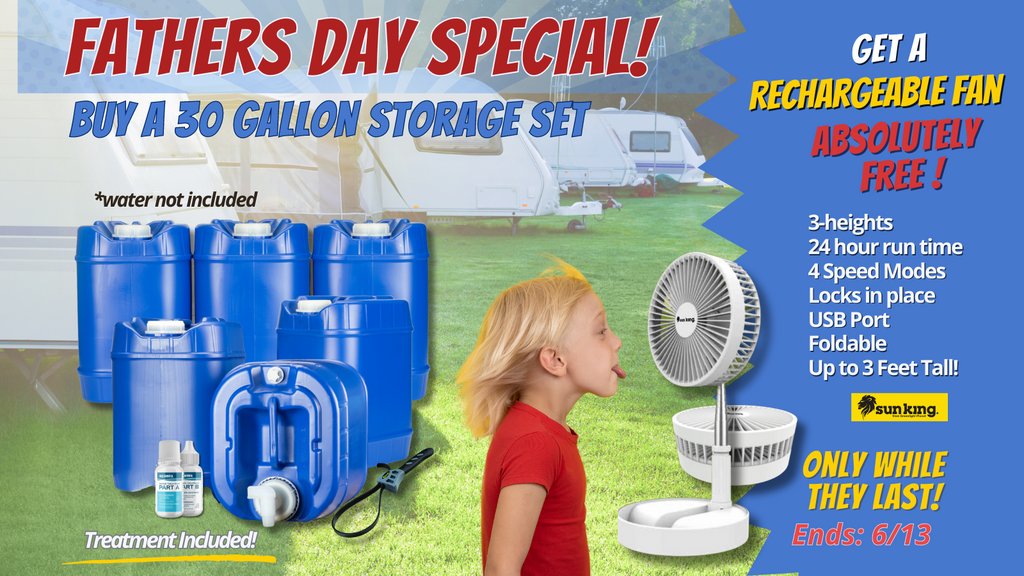 Give him this Emergency Water Storage 30-Gallon Kit, plus Treatment! and BONUS Sun king Fan! (water not included!).
⁠
#prepper #water #waterislife #survival #disasters #camping #shtf  #offgrid #emergency #emergencyfood #freezedried #foodshortage  #earthquake #hurricane