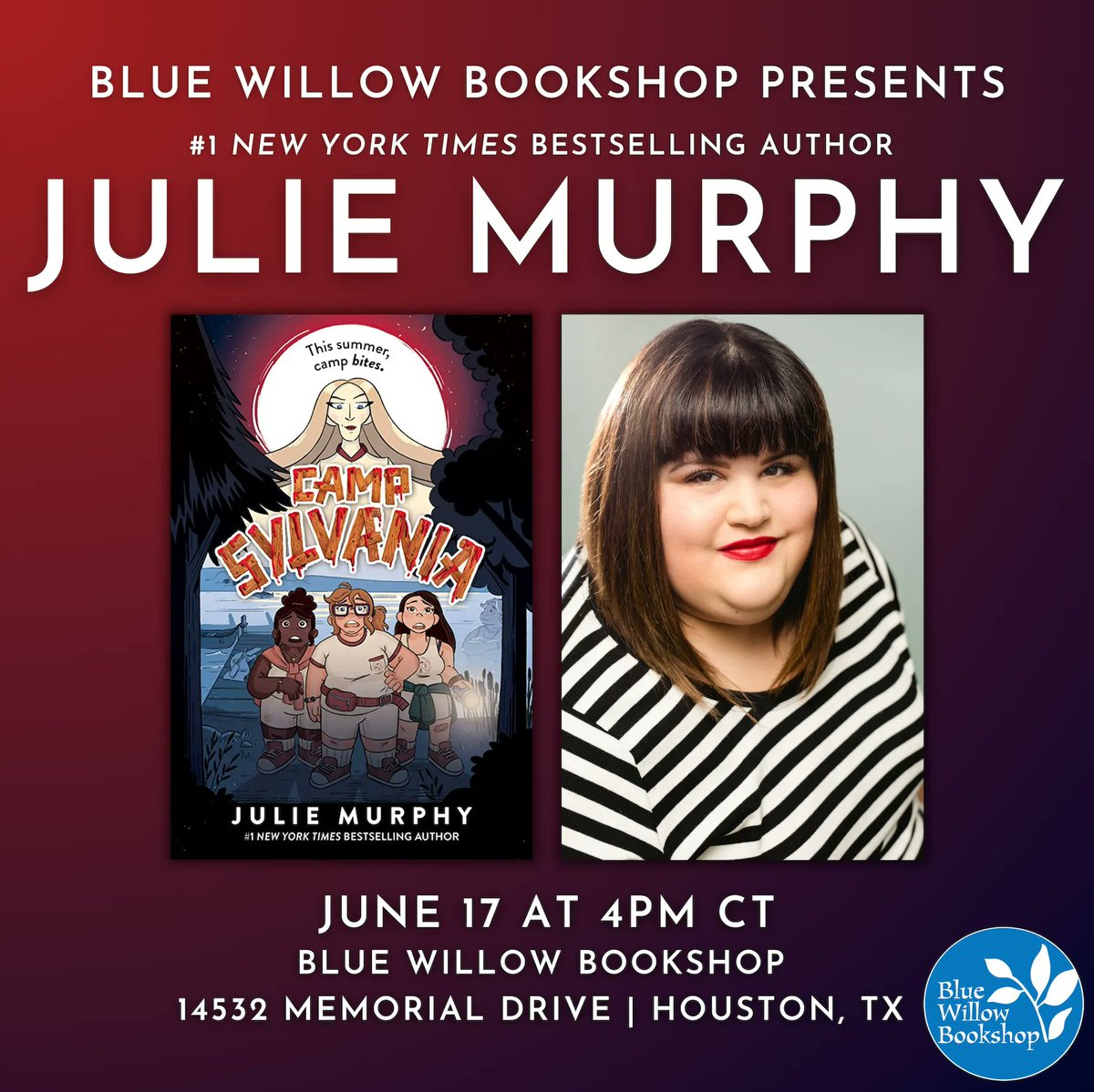 Next Saturday! Join us in the bookshop to hear from #1 New York Times bestselling author @andimJULIE. We'll be celebrating her hilarious, creepy middle grade summer camp story, CAMP SYLVANIA. 🌑 See you there! bluewillowbookshop.com/event/murphy-2… #mglit @BalzerandBray @HarperChildrens