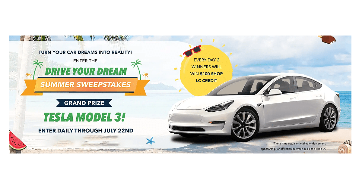 GooseGiveaways's tweet photo. Sparkle this summer with the Shop LC Drive Your Dream Summer Sweepstakes! ππ You could win a new Tesla Model 3 or daily $100 store credits. US only. Ends 7/22. Enter daily! π https://t.co/dolCy1Cil3
#ShopLC #DriveYourDream #Sweepstakes https://t.co/EAMrcC6OKm