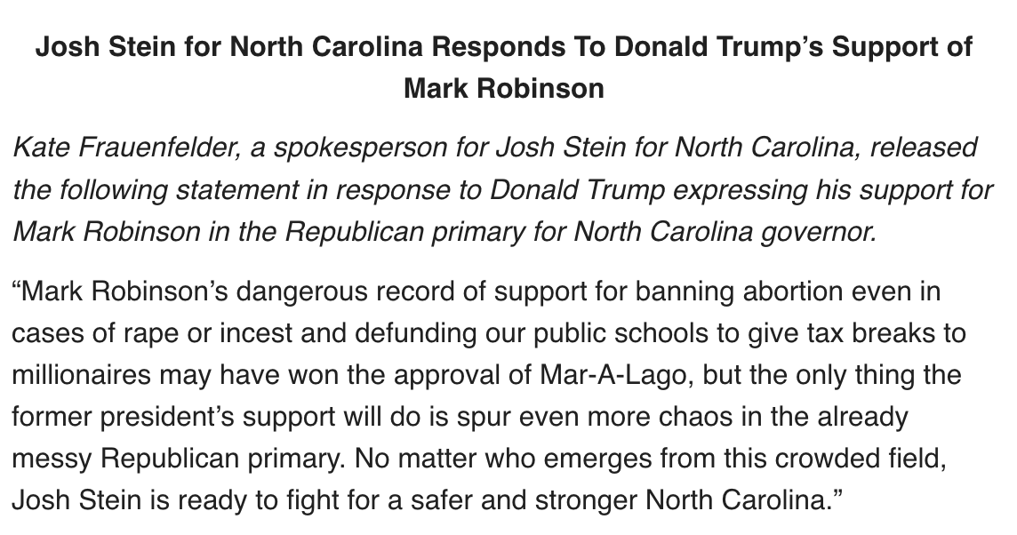 NEW from Team @JoshStein_ as Donald Trump expresses his support for Mark Robinson in #NCGOV: