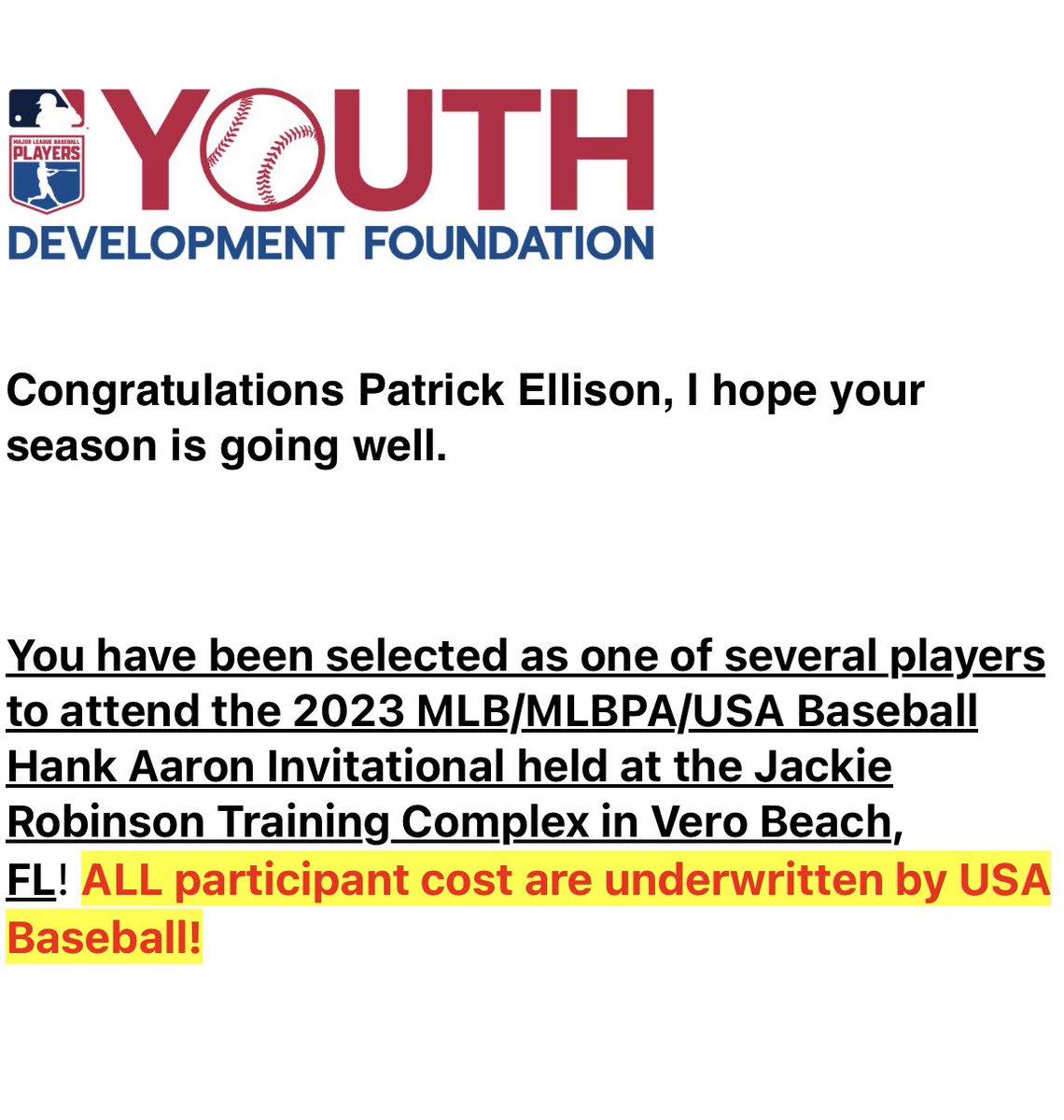 Grateful and blessed to have been chosen to attend the Hank Aaron Invitational. Looking forward to this opportunity. Thank you <a href="/RangersYA/">Texas Rangers Youth Academy</a> <a href="/MLBDevelops/">MLBDevelops</a> . Let’s go⚾️