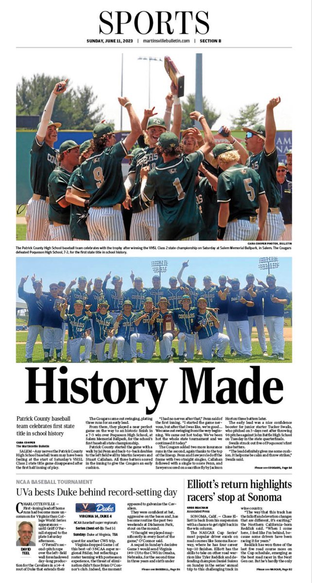 BulletinSport's tweet photo. A sneak peek at the front of tomorrow's sports section, celebrating an historic weekend for the Patrick County High School baseball team. https://t.co/B7KZGVHZt3