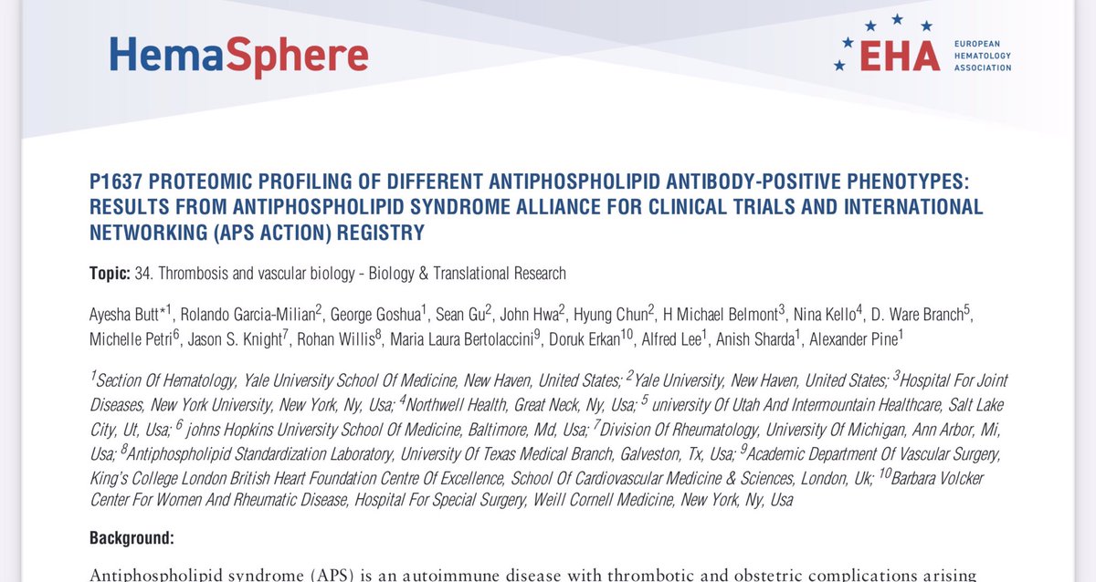 AyeshaButtMD's tweet image. Honored to be sharing our work  about plasma proteomic profiling differentiating antiphospholipid syndrome phenotypes at #EHA2023
@jasonsknight @DorukErkanMD @GeorgeGoshuaMD @BenignHeme @EHA_Hematology @APSsupportUK @YaleHemOnc @YaleCancer @HemOncFellows @HTRSFellows @YaleIMed