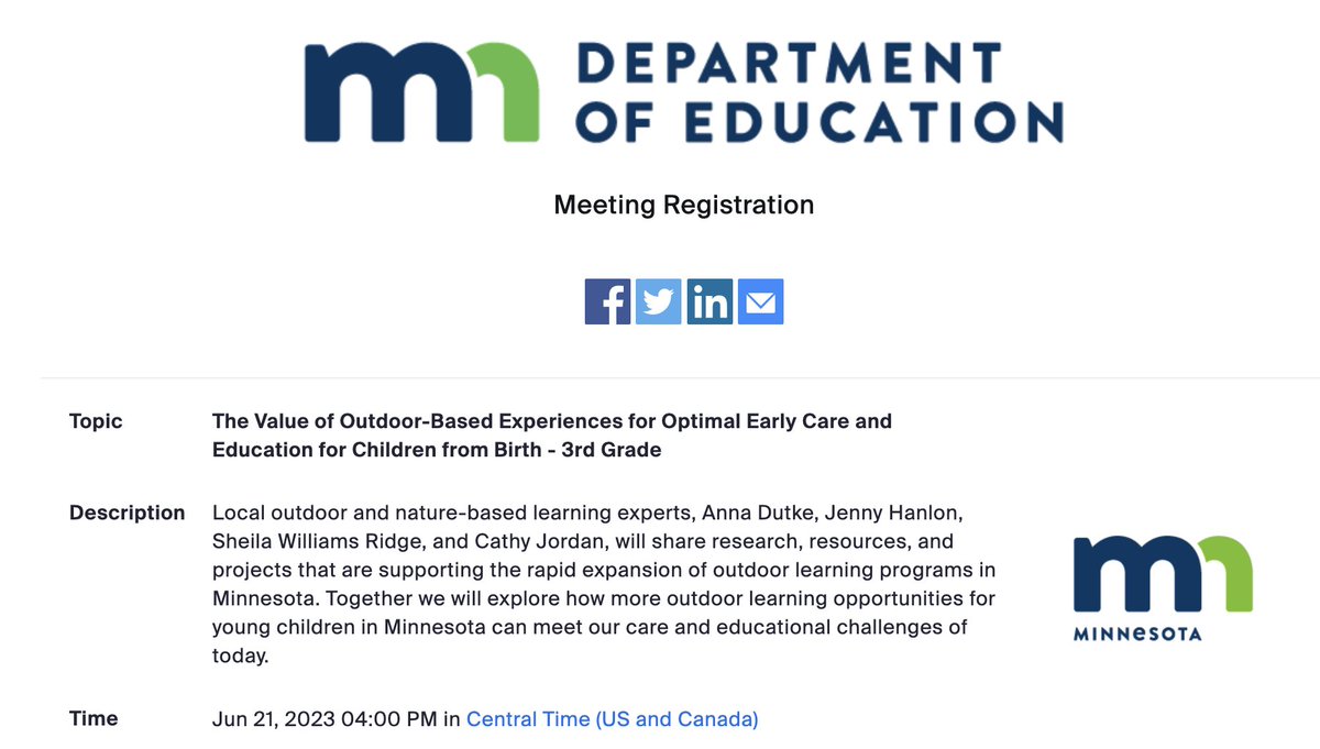 MN Early Ed program administrators, including elementary principals, are invited to attend the following webinar: The Value of Outdoor-Based Experiences for Optimal Early Care and Education for Children from Birth - 3rd Grade. @MESPAprincipals zoomgov.com/meeting/regist…