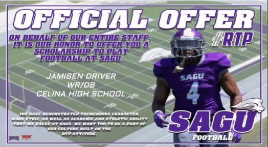 #AGTG After a great conversation with <a href="/coachanzaldua35/">Isaac Anzaldua</a> I am blessed to say I have received an official offer from @SAGU_Football Thank you <a href="/CoachGregEllis/">Greg Ellis</a> <a href="/CoachP2827/">Kevin Pointer</a> #RTP24 <a href="/RecruitCelinaFB/">Celina Bobcat Football Recruiting</a>  God is amazing!