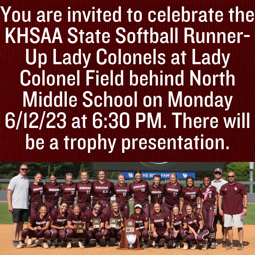 Colonel Fans are invited to celebrate the accomplishments of our KHSAA State Runner-Up Softball Team and our KHSAA Final Four Baseball Team.  We will do trophy presentations on Monday, June 12, 2023, at each team's home field. 

Spread the word to get the community out to support