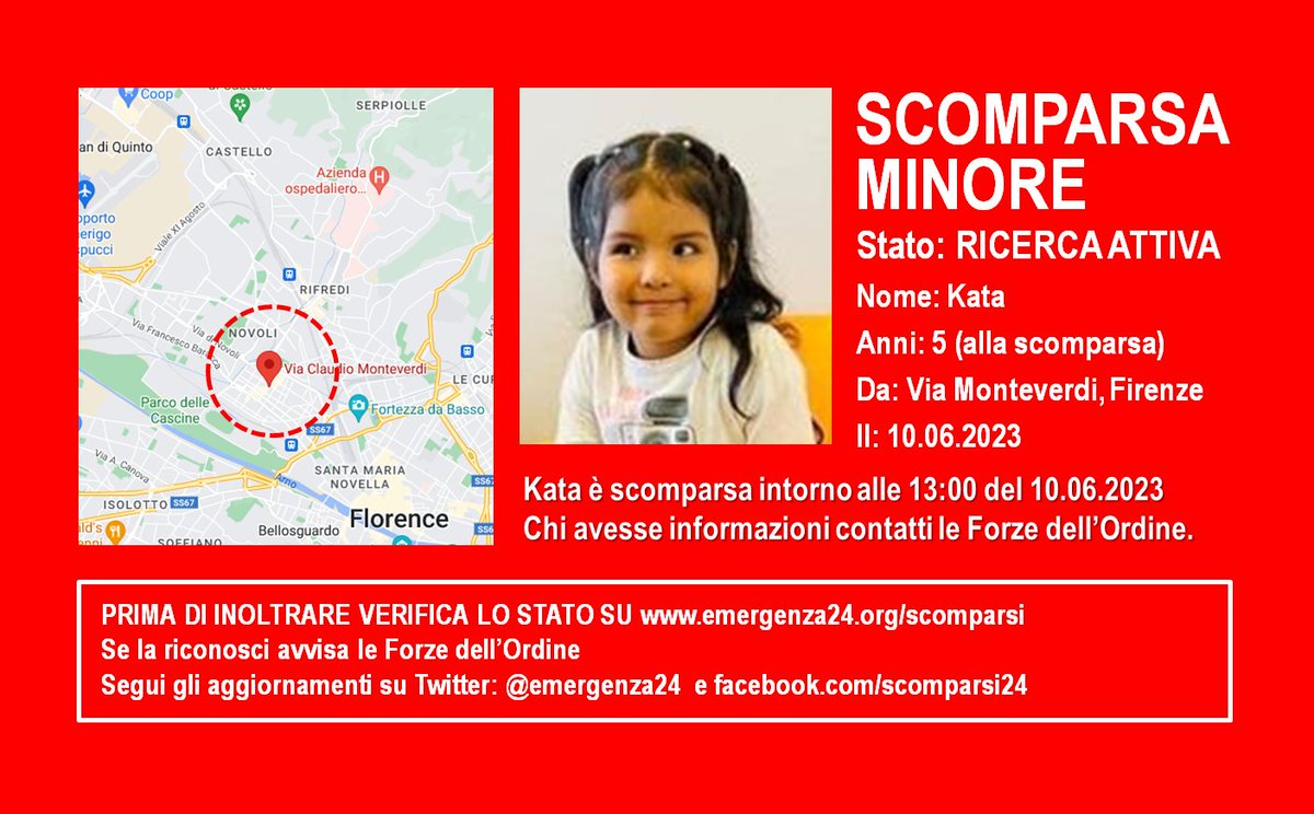 Emergenza24's tweet image. URGENTE [11.06-02:40] in corso ricerche di 
+++ MINORE #SCOMPARSA (5 anni) +++
Via Claudio Monteverdi #Novoli #Cascine #Firenze 
Intorno alle 13:00 del 10.06.22
Chi avesse informazioni informi le Forze dell’Ordine
 Informazioni e aggiornamenti: goo.gl/tKHsXK