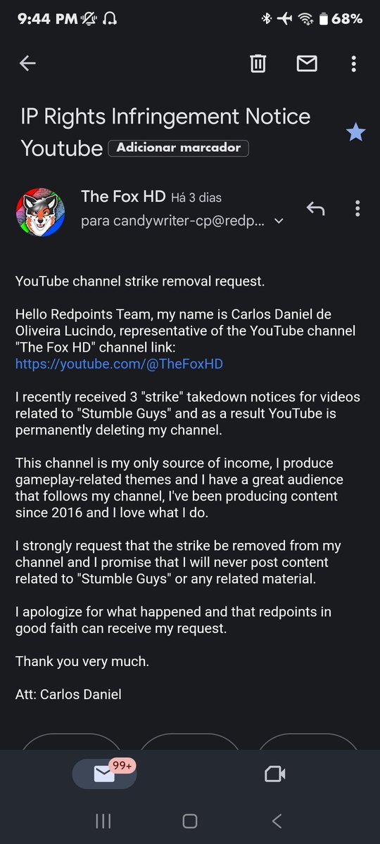 Raposahd's tweet photo. @TeamYouTube Eu mandei mais de 8 emails pedindo um acordo! A empresa me ignorou meus emails e não responderam! Eu exijo uma explicação por parte da empresa e cabe a vocês do YouTube cobrarem! Tenham compaixão! Eu preciso desse canal para sobreviver! https://t.co/VJMfDyfp4t