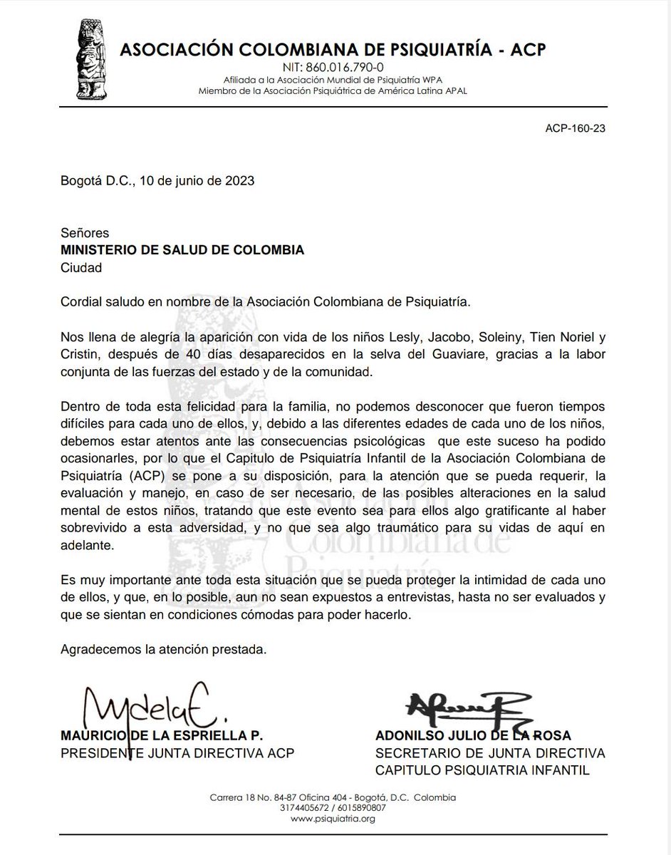 ACPPsiquiatria's tweet photo. Comunicado a @MinSaludCol sobre la disposición de atención en salud mental por parte del Capítulo de Psiquiatría Infantil de la ACP para los niños encontrados en la selva del Guaviare.

#LaACPSomosTodos https://t.co/ifQemW4nQS