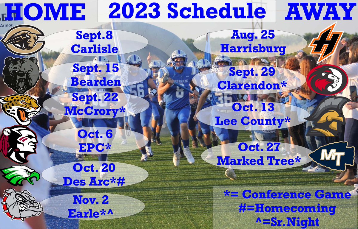 2023 Cross County Sr.High Football Schedule! 

77 Days Until Kickoff!! 🔵⚪️🦅⚡️ #NOW #ClawsUp #CodeBlue #TheThunderbirdWay