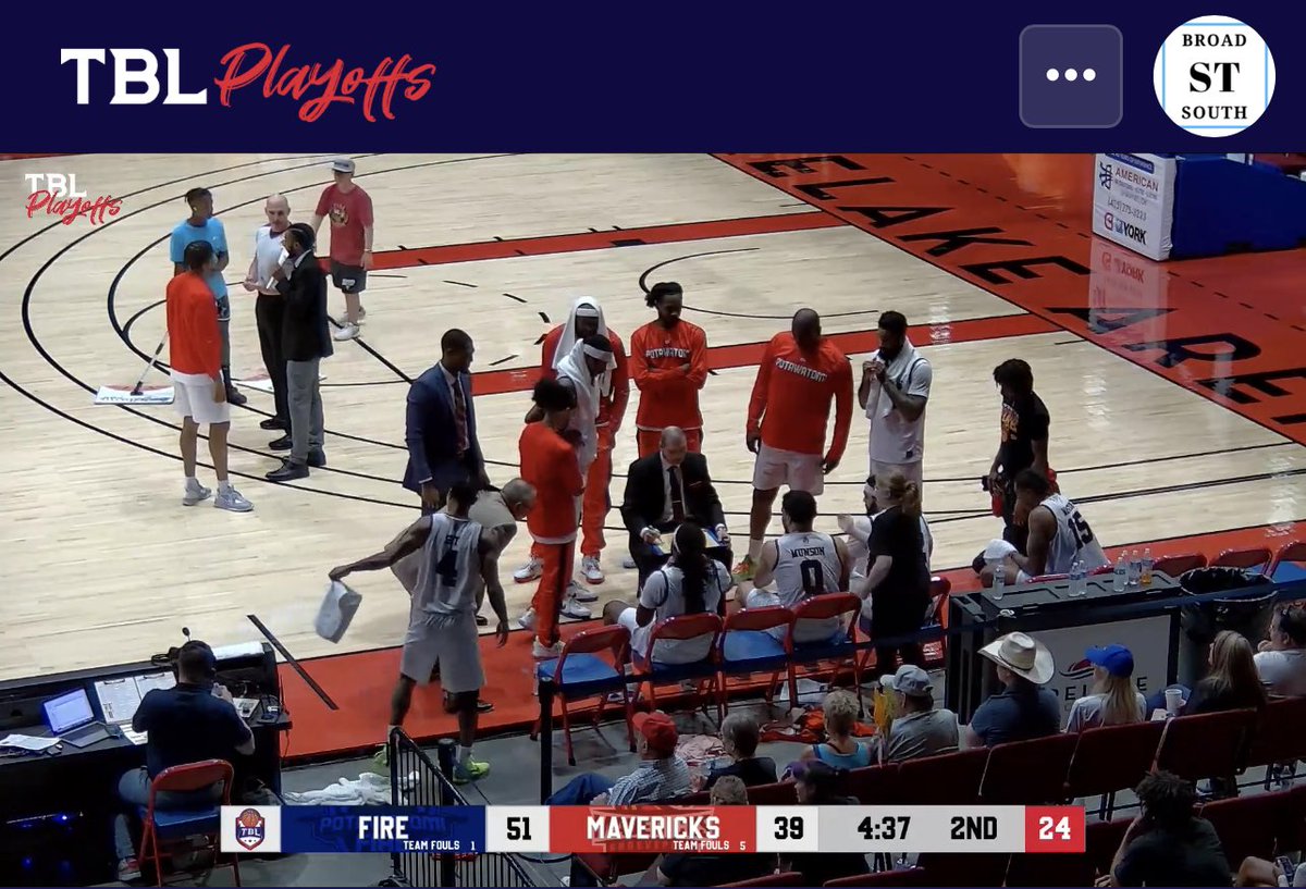 4:37 left before the half & @PotawatomiFire lead over the @ShreveportMavs 51-38. The @TBLproleague 2023 playoffs continue #adifferentleague #broadstsouth