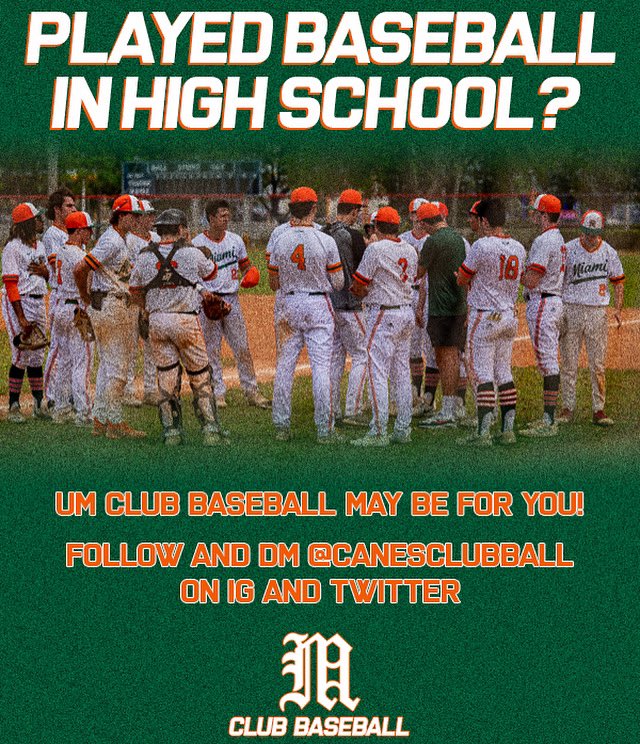 Interested in playing club baseball at the University of Miami? Stay connected by following our socials!