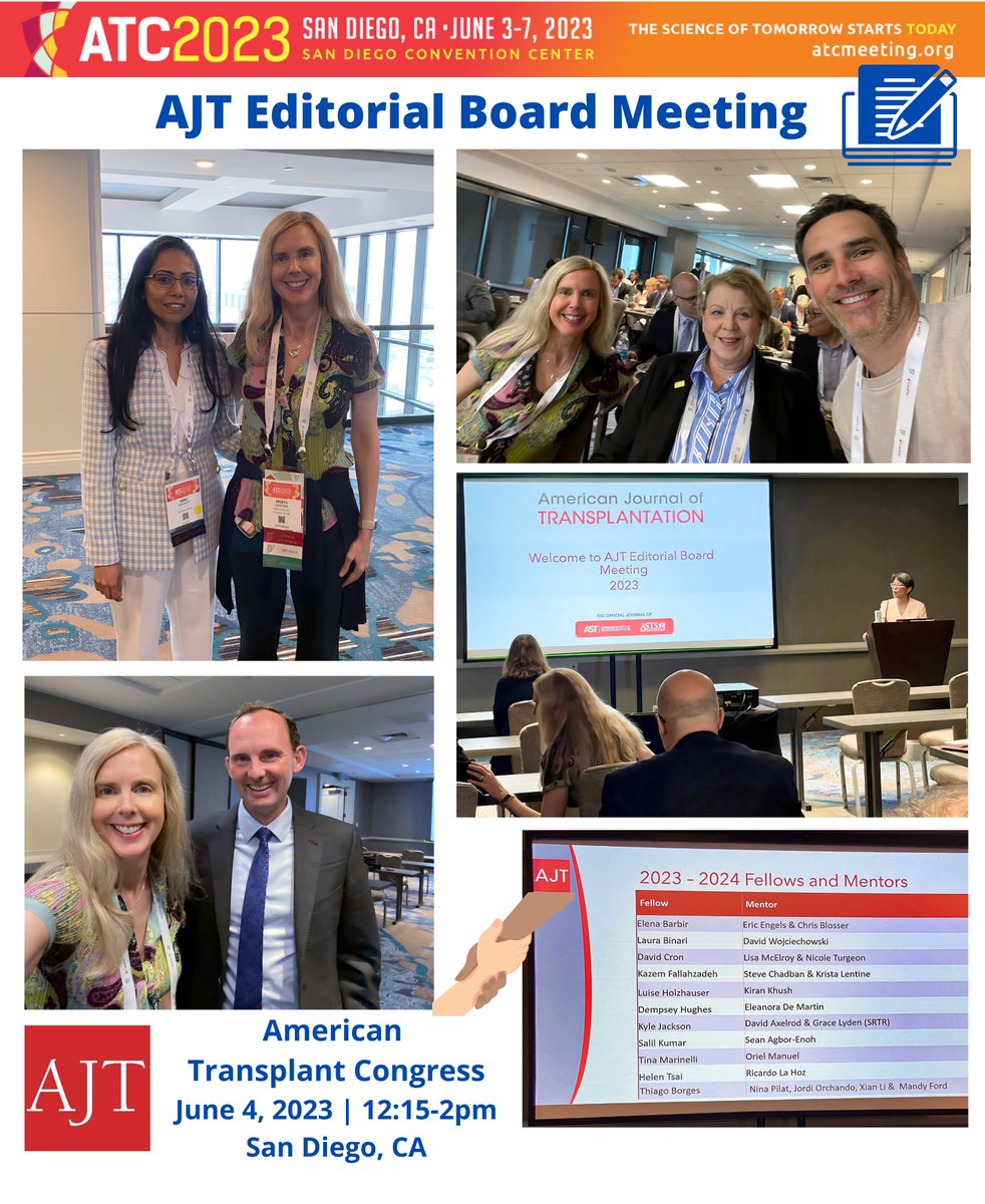 Krista Lentine, MD,PhD | FASN | FAST (@kristalentine) on Twitter photo Energizing <a href="/amjtransplant/">American Journal of Transplantation</a> #EditorialBoard Mtg #ATC2023SanDiego | 06/04/23📕
• #AmazingInnovations under leadership of <a href="/SandyFeng8/">SandyFeng</a>➕Fantastic DEs e.g. <a href="/mannonmom/">Roslyn Mannon (moving to Bluesky as mannonmom)</a>➕ Editorial team🙌🏾
· Honored to work w/ co-AEs e.g. <a href="/AlexandreLoupy/">Alexandre Loupy</a> ➕serve on <a href="/blosserc/">Chris Blosser</a>'s #EditorialFellowship Cmte🤝🏽 Energizing <a href="/amjtransplant/">American Journal of Transplantation</a> #EditorialBoard Mtg #ATC2023SanDiego | 06/04/23📕
• #AmazingInnovations under leadership of <a href="/SandyFeng8/">SandyFeng</a>➕Fantastic DEs e.g. <a href="/mannonmom/">Roslyn Mannon (moving to Bluesky as mannonmom)</a>➕ Editorial team🙌🏾
· Honored to work w/ co-AEs e.g. <a href="/AlexandreLoupy/">Alexandre Loupy</a> ➕serve on <a href="/blosserc/">Chris Blosser</a>'s #EditorialFellowship Cmte🤝🏽