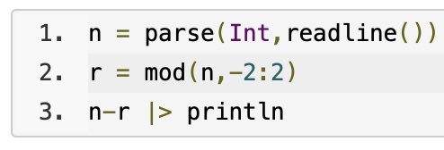 昨日の #ABC305  A問題。
そういえば、#Julia言語 のmodの第２引数には区間(この場合は差分1の等差数列)をとることができたのをさっき思い出した。
余りを-2,-1,0,1,2のうちから得て、差を取ればよかった。