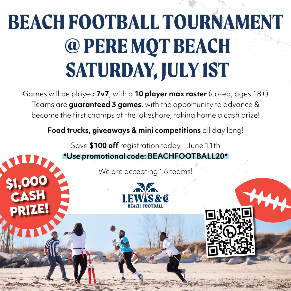 Allll the deets for our Beach Flag Football Tournament! 👀🔥 

✖️$100 off if you sign up by 6/11
✖️$1,000 cash prize 🤑💸
✖️An entire beach day full of football, food, giveaways, mini games for players + spectators &amp; more! 🌊🌞

👉 lewisandcobeachfootball.com/game-time 👈