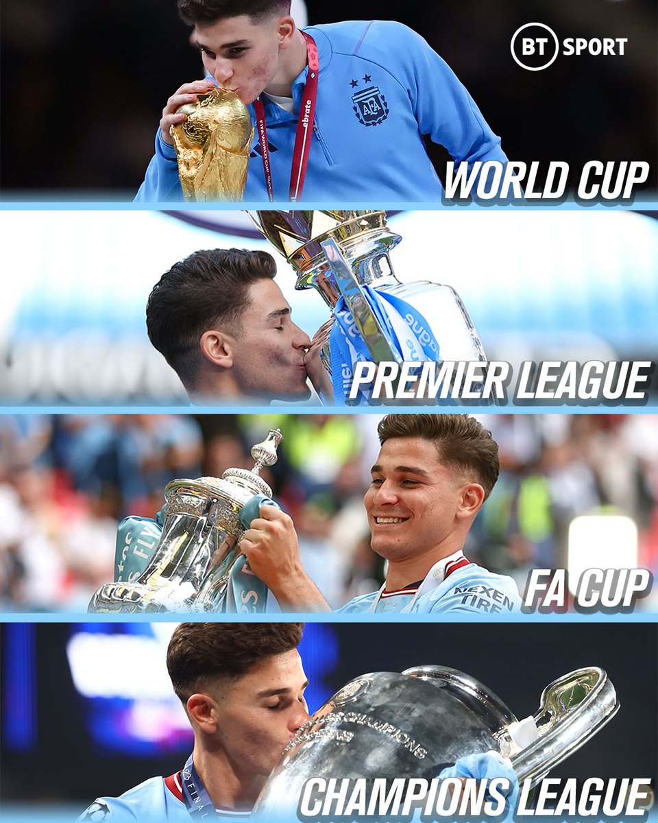 footballontnt's tweet photo. Julian Alvarez completes football in just six
months 🤯

The first player in history to win a treble of European,
league and domestic cup, and a World Cup, in the
same season 🏆🏆🏆🏆

He's just 23-years-old 😮‍💨 https://t.co/vMF1EDMQdD