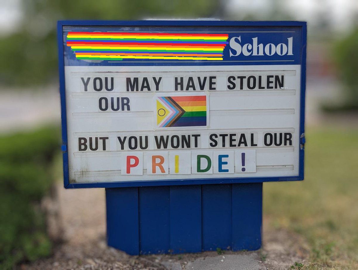 SassyTravis's tweet image. A school in Paris Ontario had their pride/progress flag stolen. This was their response.