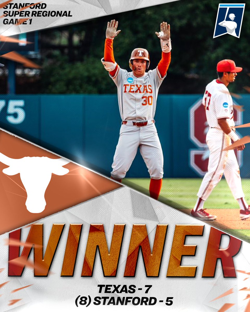 NCAA Baseball (@ncaabaseball) on Twitter photo WHAT A COMEBACK!
<a href="/TexasBaseball/">Texas Baseball</a> battles back in the ninth and takes game-1 of the Stanford Super Regional.
#RoadToOmaha WHAT A COMEBACK!
<a href="/TexasBaseball/">Texas Baseball</a> battles back in the ninth and takes game-1 of the Stanford Super Regional.
#RoadToOmaha